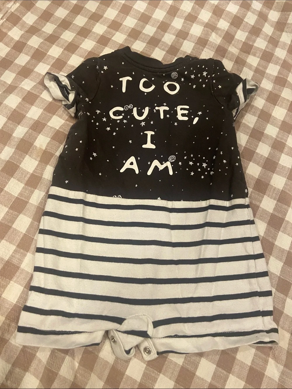 GAP Black and White Star Stripe Baby Romper with Green Character Appliqué